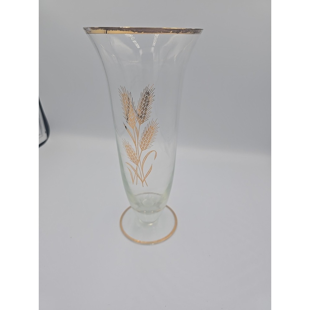Vintage Clear Bud‎ Vase with Gold Trim and Wheat Pattern 9 1/2"